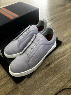 Zegna Triple Stitch Sneakers – Gray Lilac Suede – Size 10 – Pre-Owned